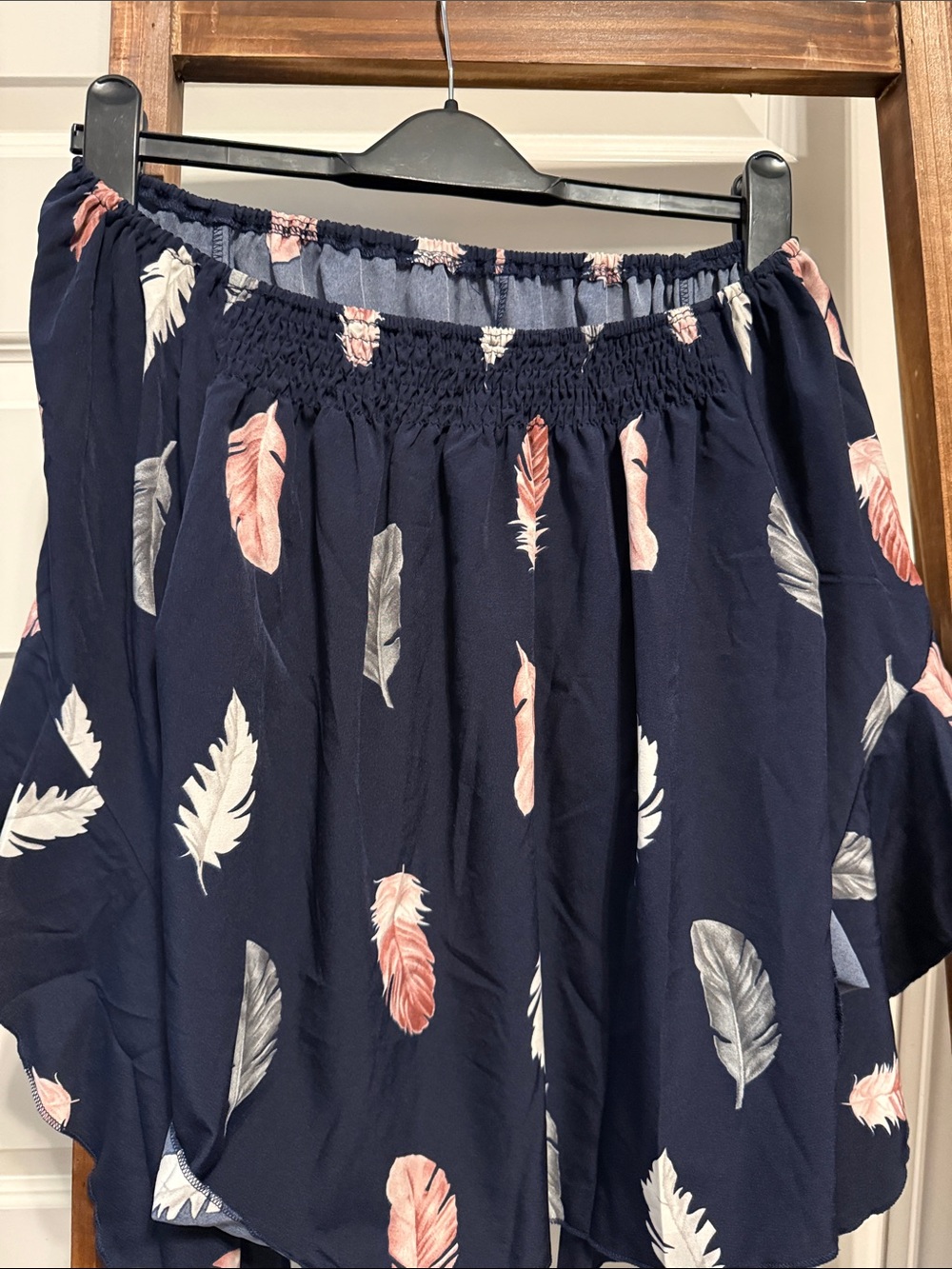 SHEIN Navy Off-Shoulder Feather Print Top